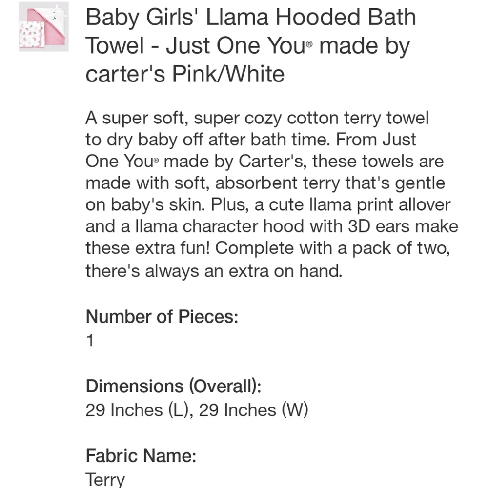 Carter's Baby Girls Llama Hooded Bath Towel